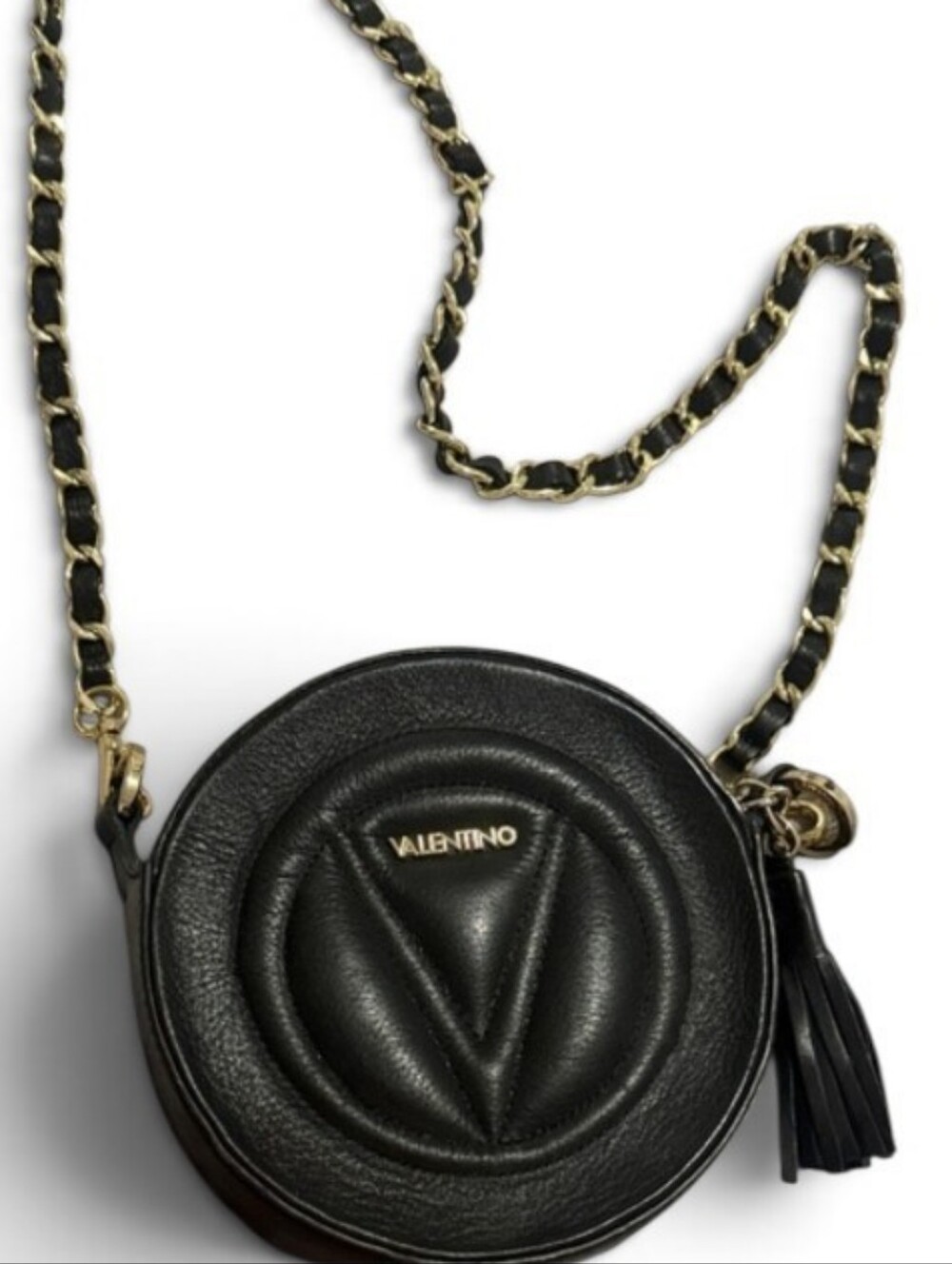 Valentino Black Quilted V Logo Round Crossbody with Gold Chain